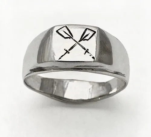 Hand Engraved Crossed Oars Rowing Signet Ring