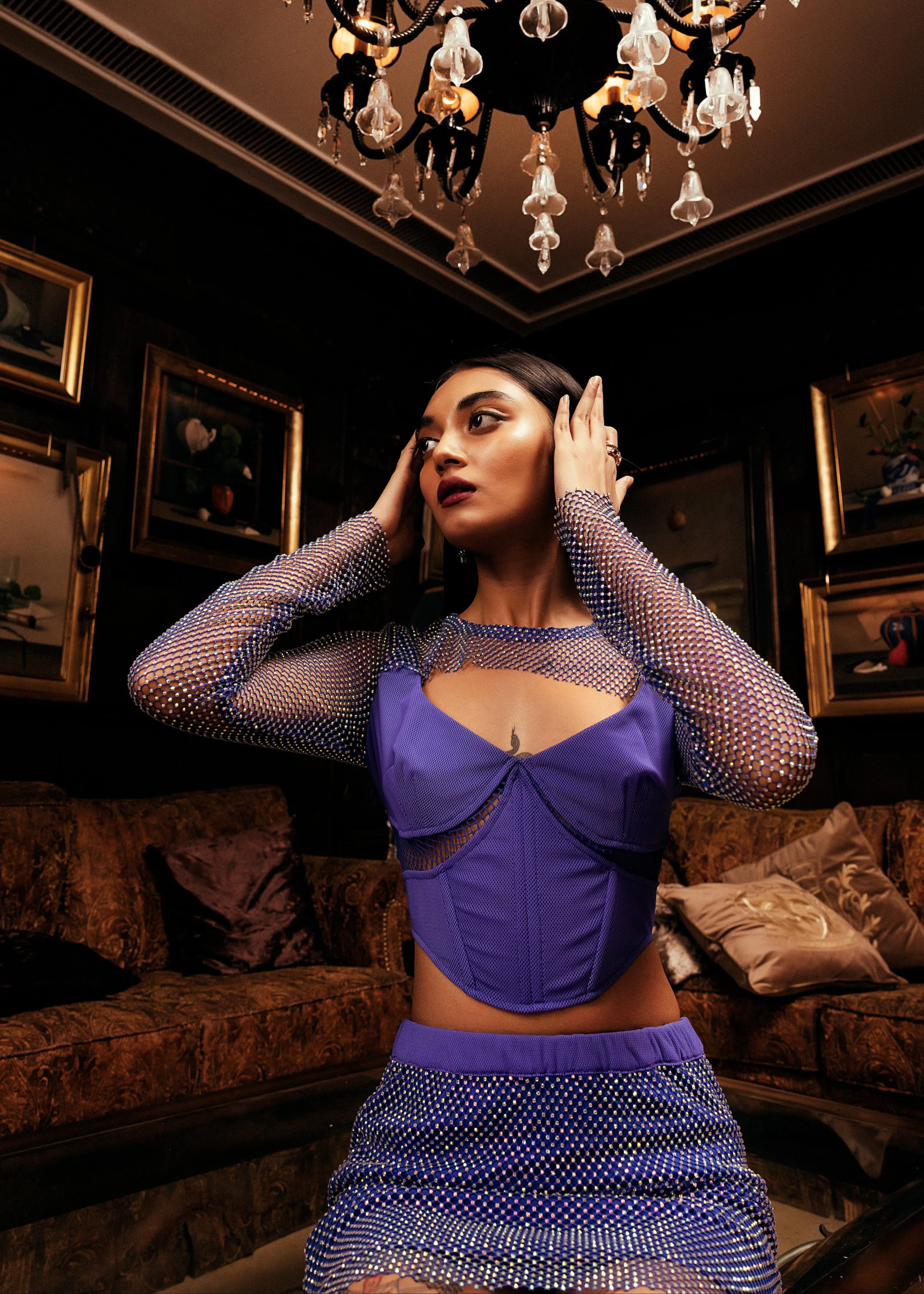 Jade Blue Crystal Mesh Corset Top