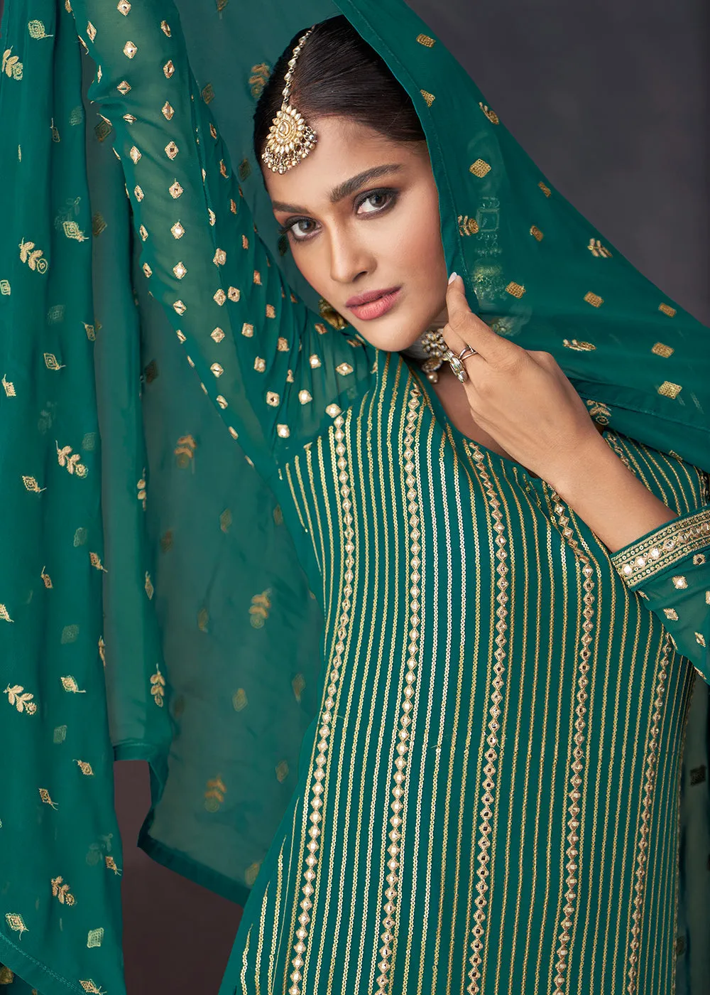 Jade Green Georgette Embellished Festive Sharara Suit