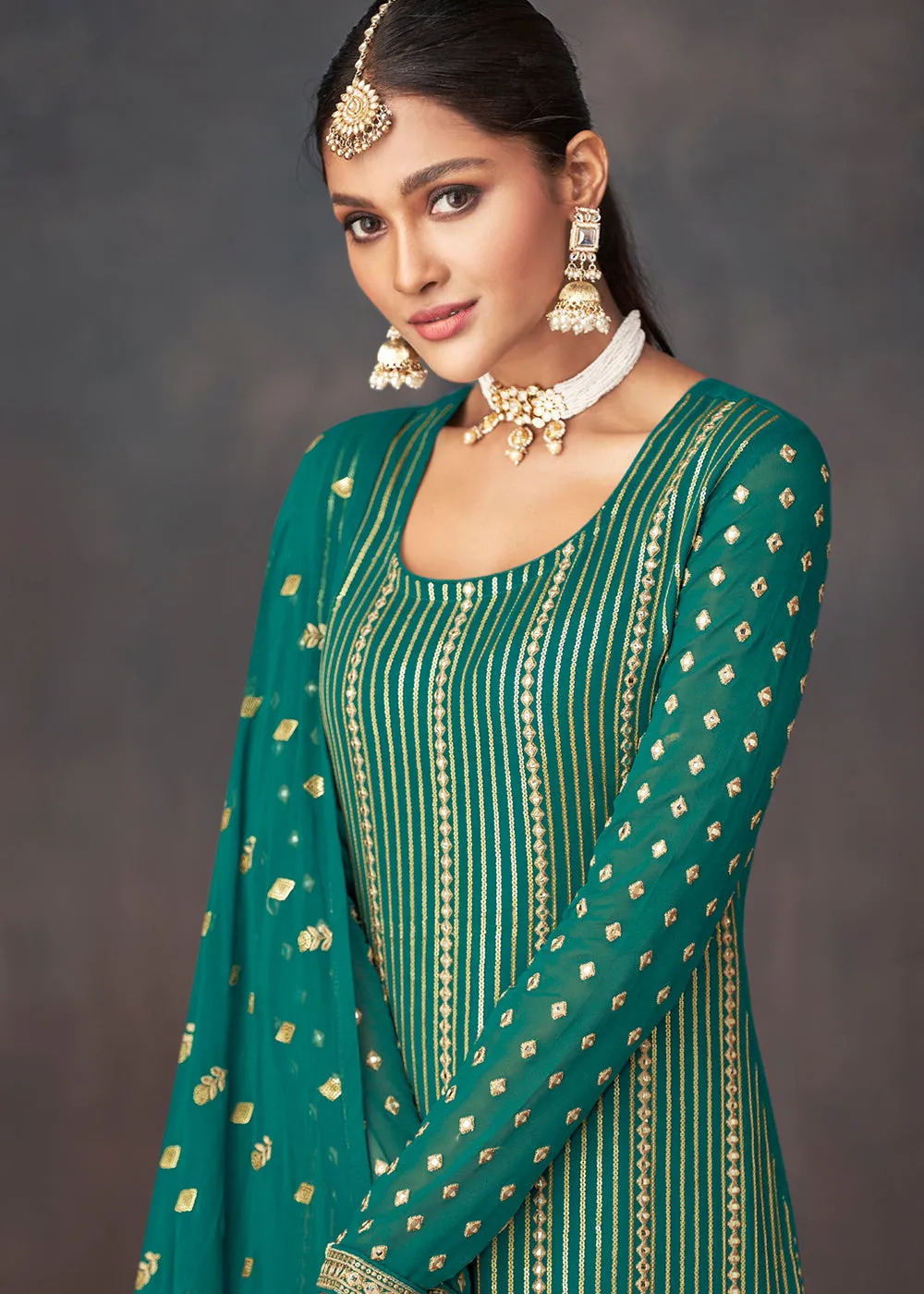 Jade Green Georgette Embellished Festive Sharara Suit