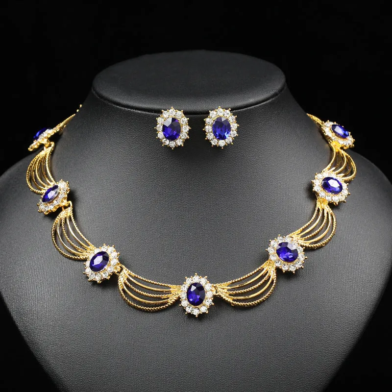 Jewelry set gemstone necklace literary retro medieval palace fan-shaped aesthetic internet celebrity necklace earrings set