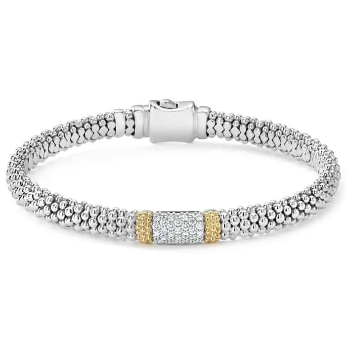 LAGOS .35tw Caviar Lux 6mm Beaded Bracelet with Pave Diamond Station in Sterling Silver and 18kt Yellow Gold Size M