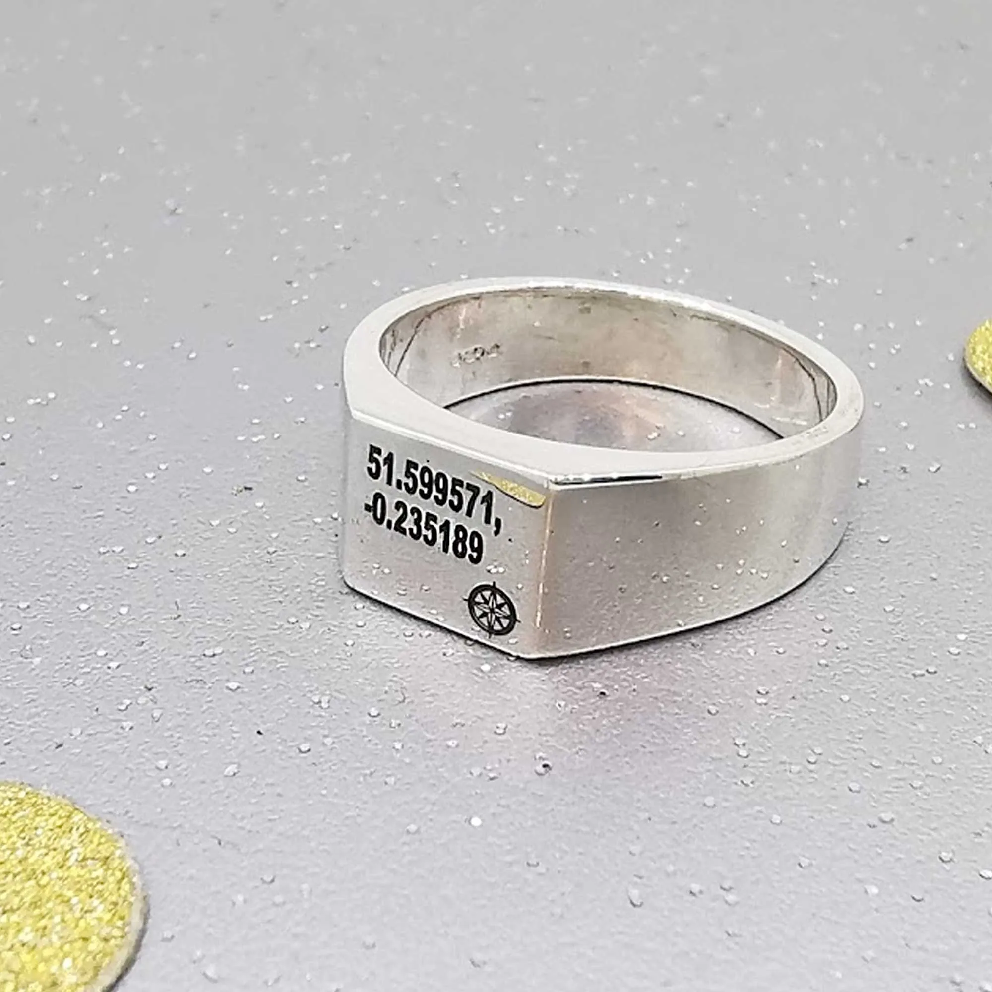 Latitude Longitude Coordinates Large Square Silver Signet Ring