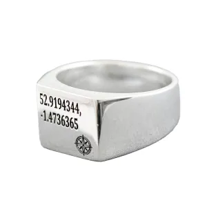 Latitude Longitude Coordinates Large Square Silver Signet Ring