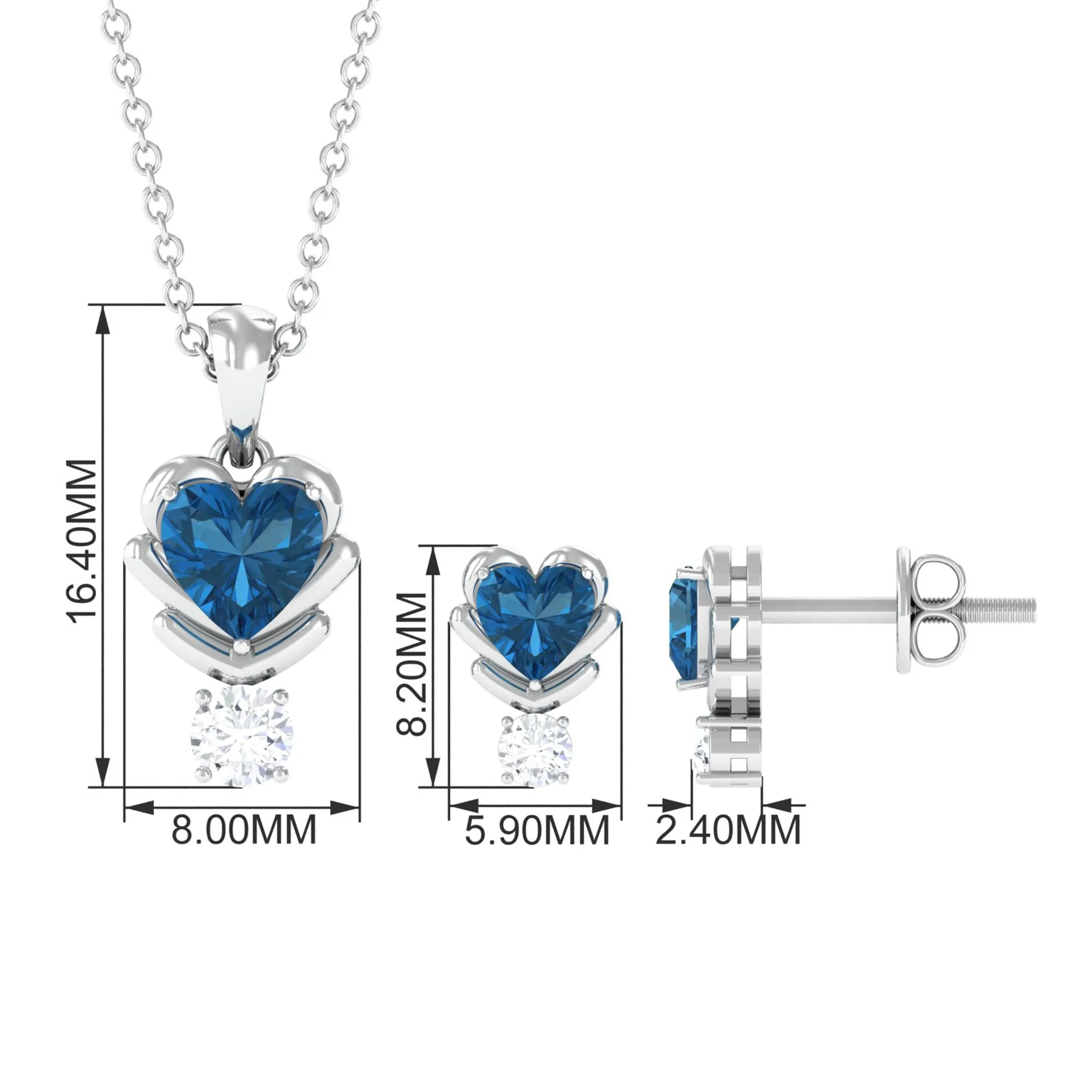 London Blue Topaz and Moissanite Minimal Heart Jewelry Set