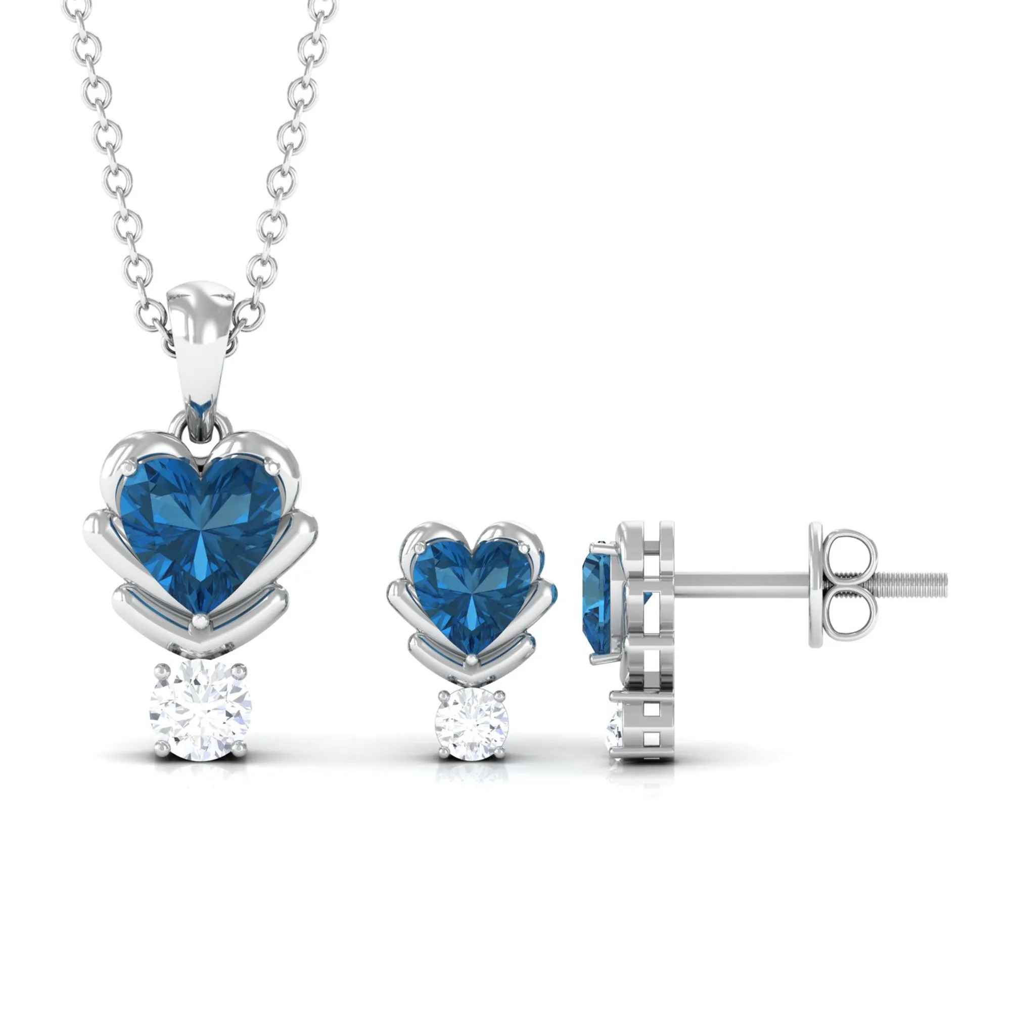 London Blue Topaz and Moissanite Minimal Heart Jewelry Set