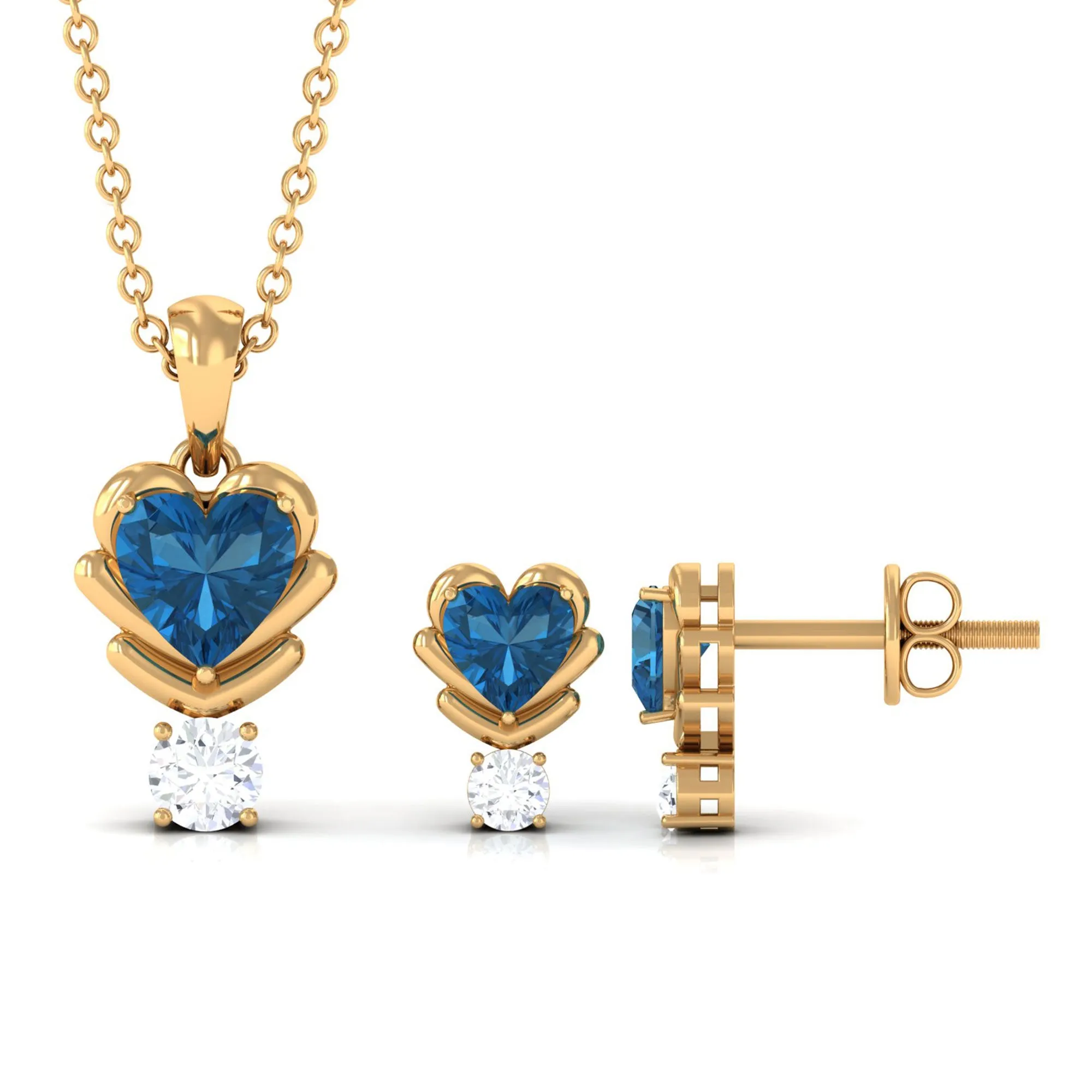 London Blue Topaz and Moissanite Minimal Heart Jewelry Set