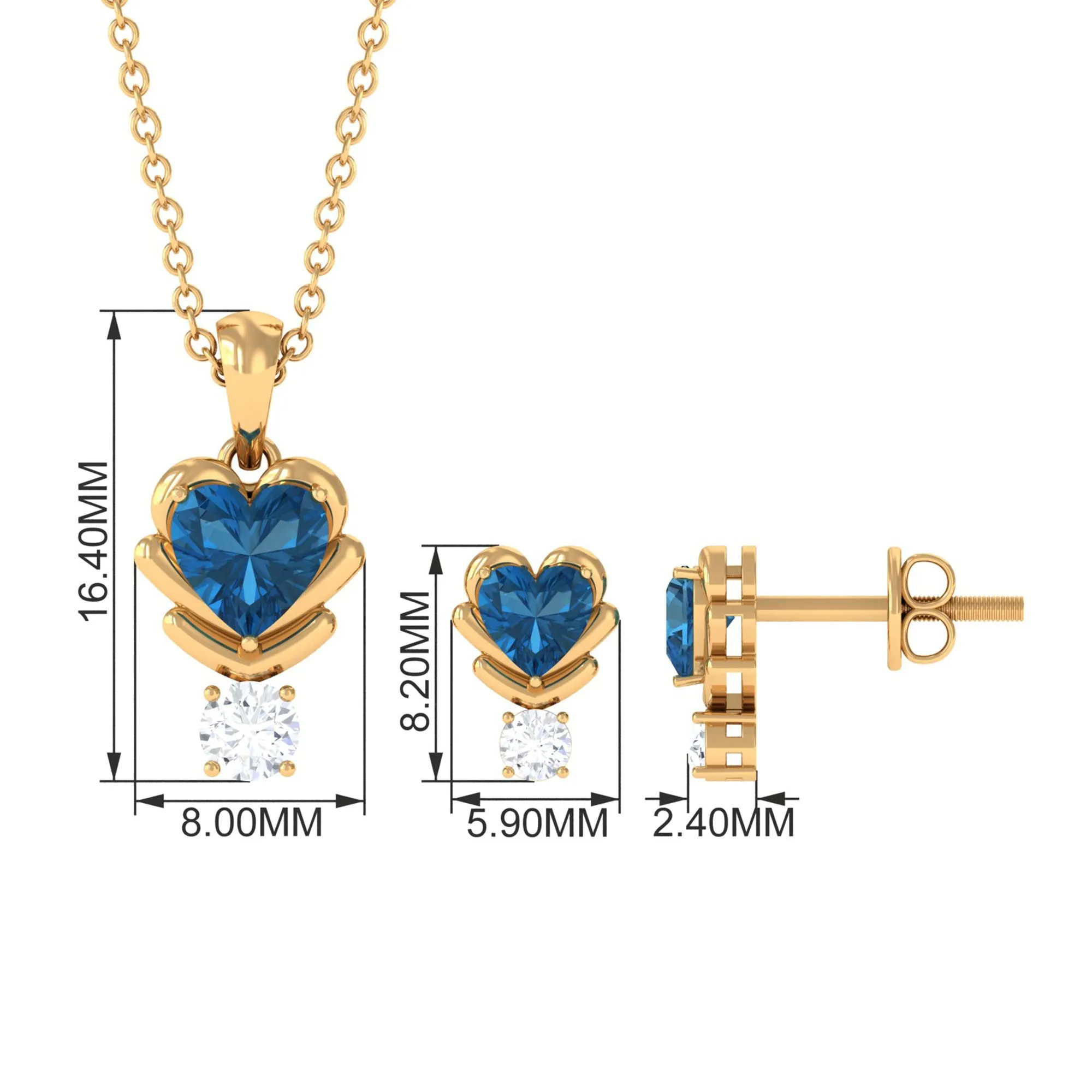 London Blue Topaz and Moissanite Minimal Heart Jewelry Set