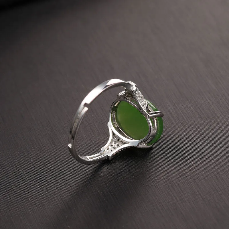 Natural Jade Ring Nephrite Silver Zircon Adjustable Ring ZNRG105