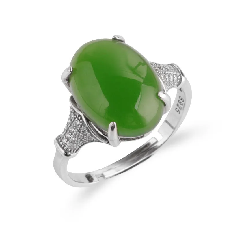 Natural Jade Ring Nephrite Silver Zircon Adjustable Ring ZNRG105