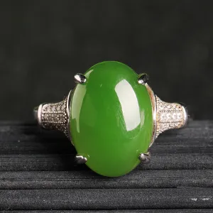 Natural Jade Ring Nephrite Silver Zircon Adjustable Ring ZNRG105