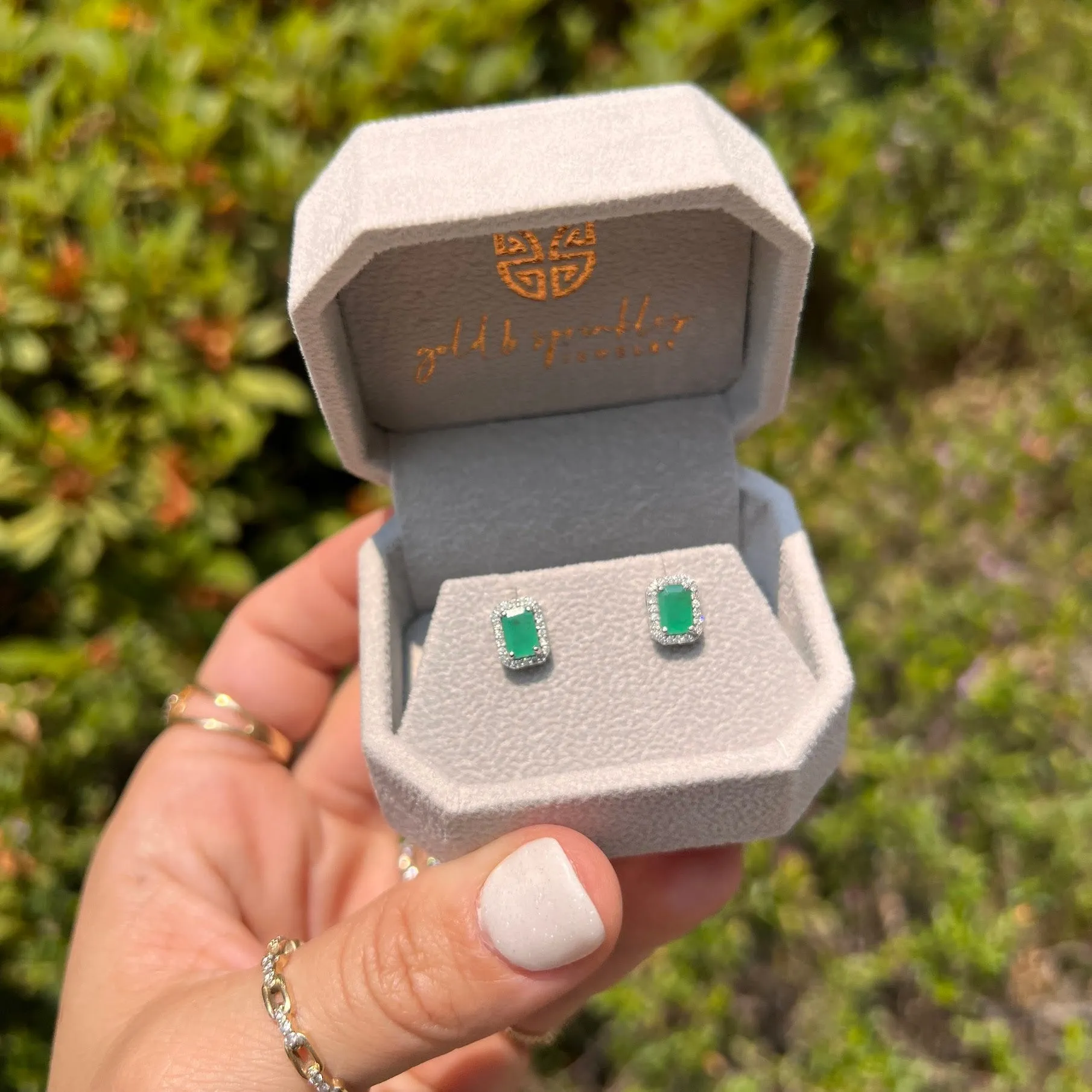 Octagon Emerald With Diamond Halo Studs