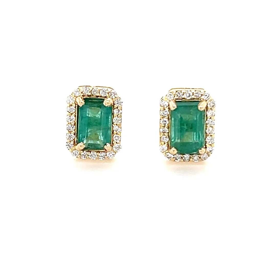 Octagon Emerald With Diamond Halo Studs