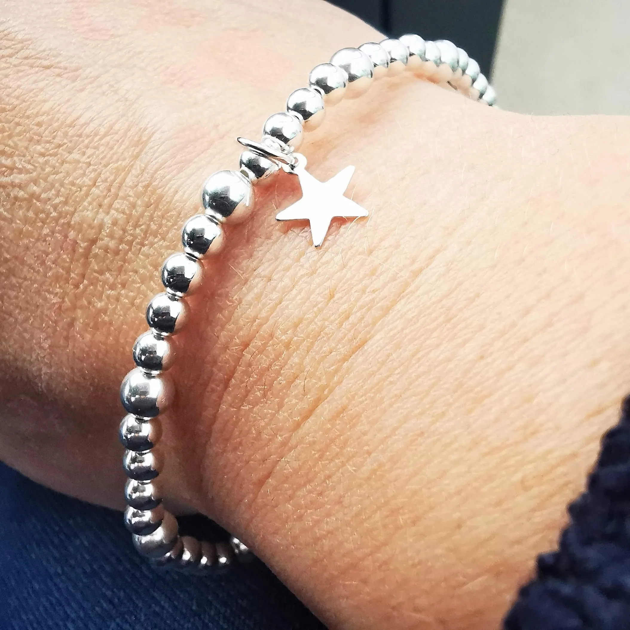 OLIVIA Sterling Silver Bead and Star Stretch Bracelet