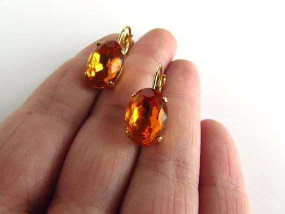 Orange Topaz Crystal Earrings - Medium Oval