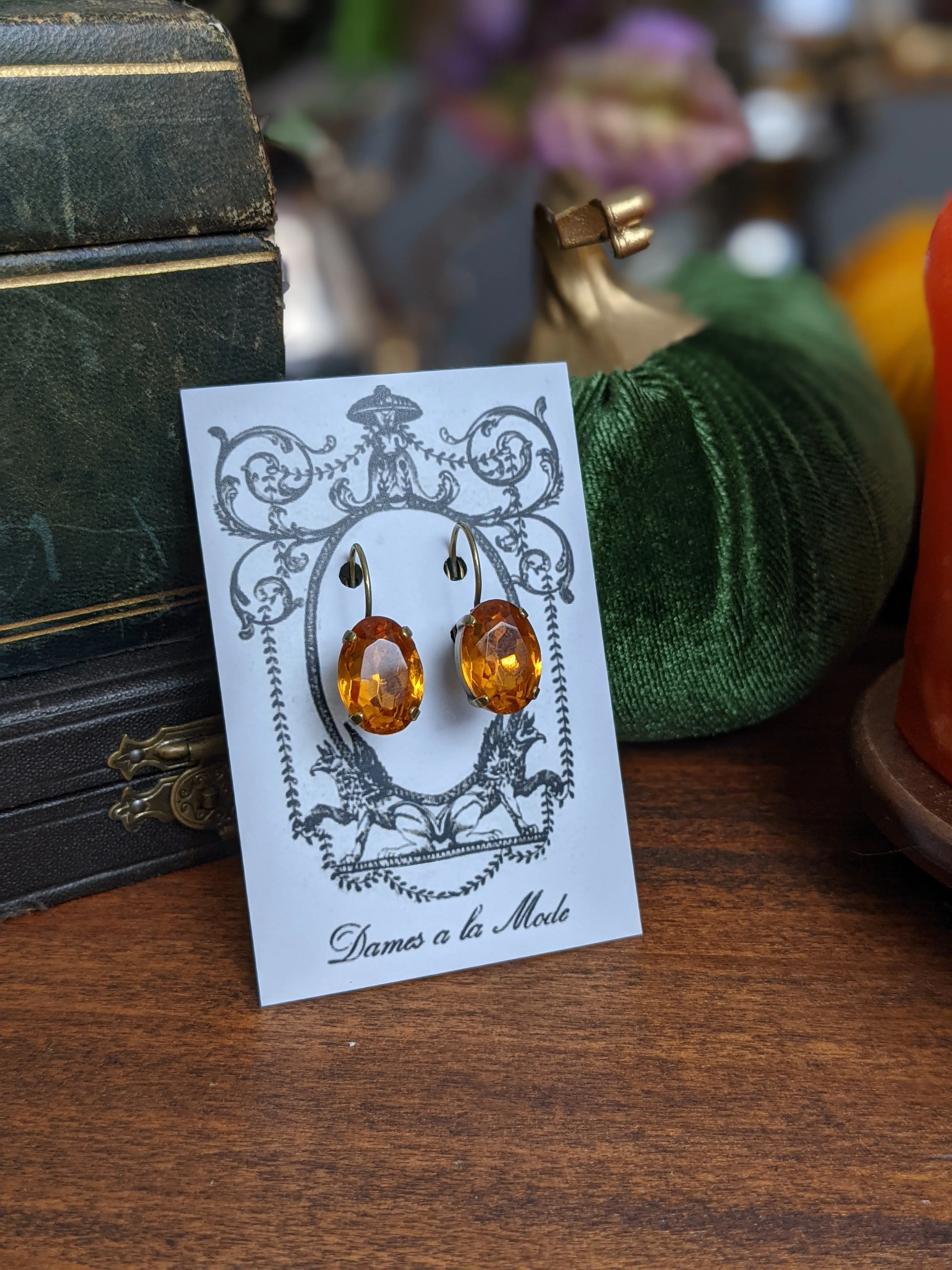 Orange Topaz Crystal Earrings - Medium Oval