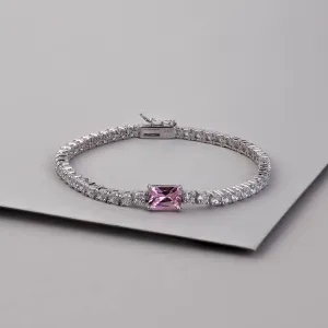 Pave 925 Sterling Silver Baguette Pink Tennis Bracelet