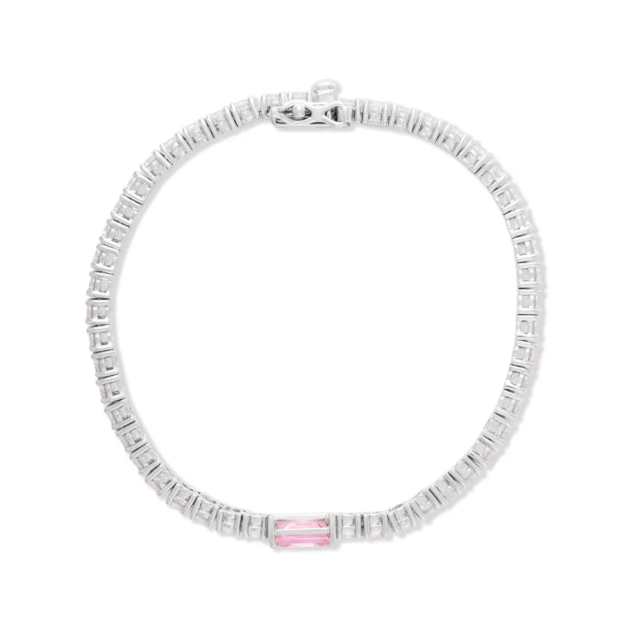 Pave 925 Sterling Silver Baguette Pink Tennis Bracelet