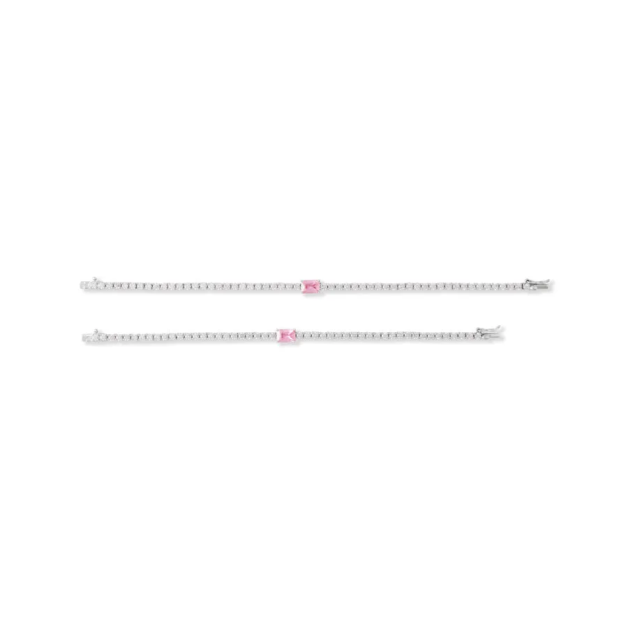 Pave 925 Sterling Silver Baguette Pink Tennis Bracelet