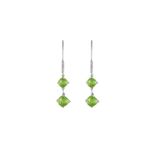 Peridot and Diamond Dangle Silver Earrings