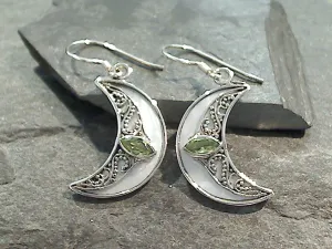 Peridot, Mother Of Pearl, Sterling Silver Crescent Moon Earrings