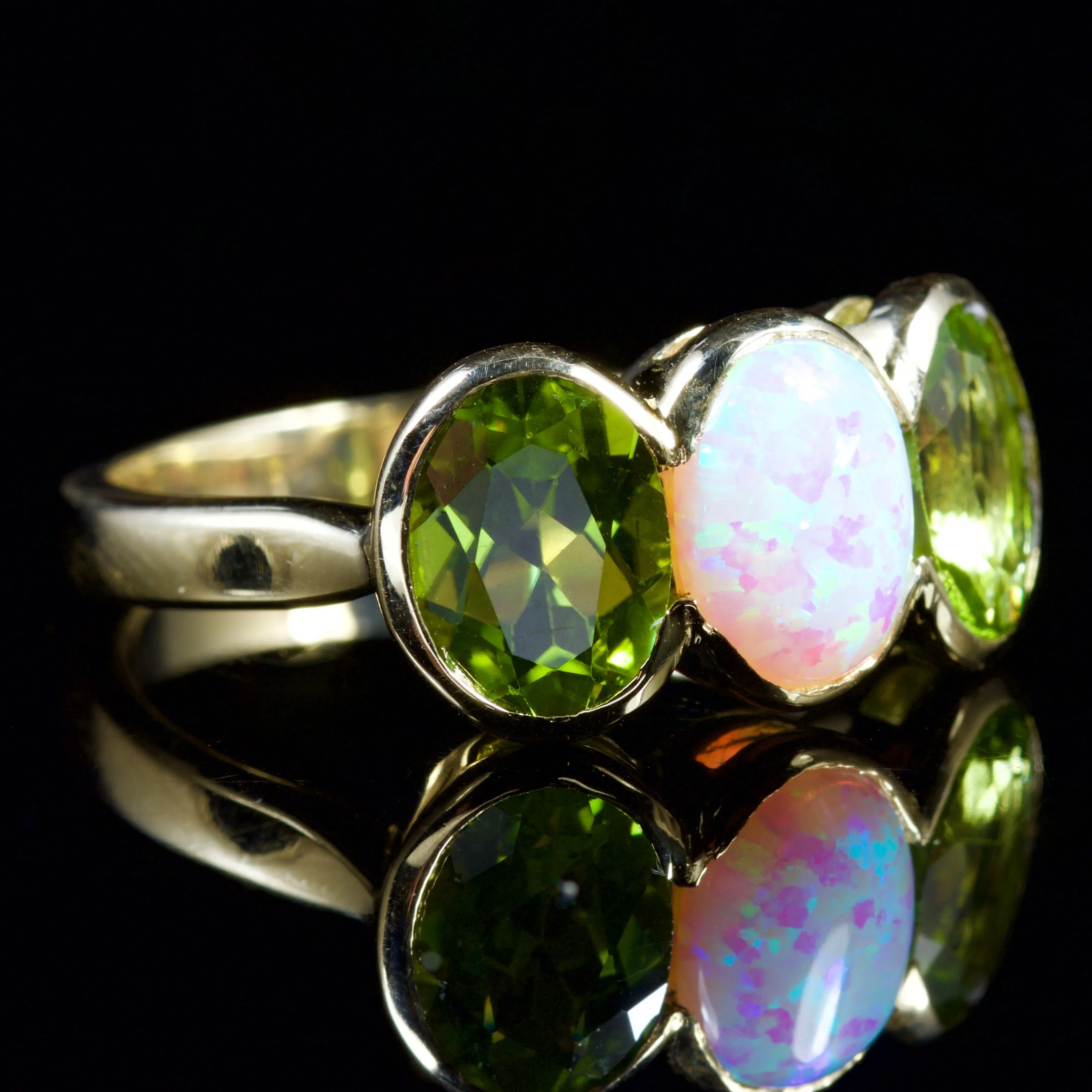 Peridot Opal Trilogy Ring 9Ct Gold Ring