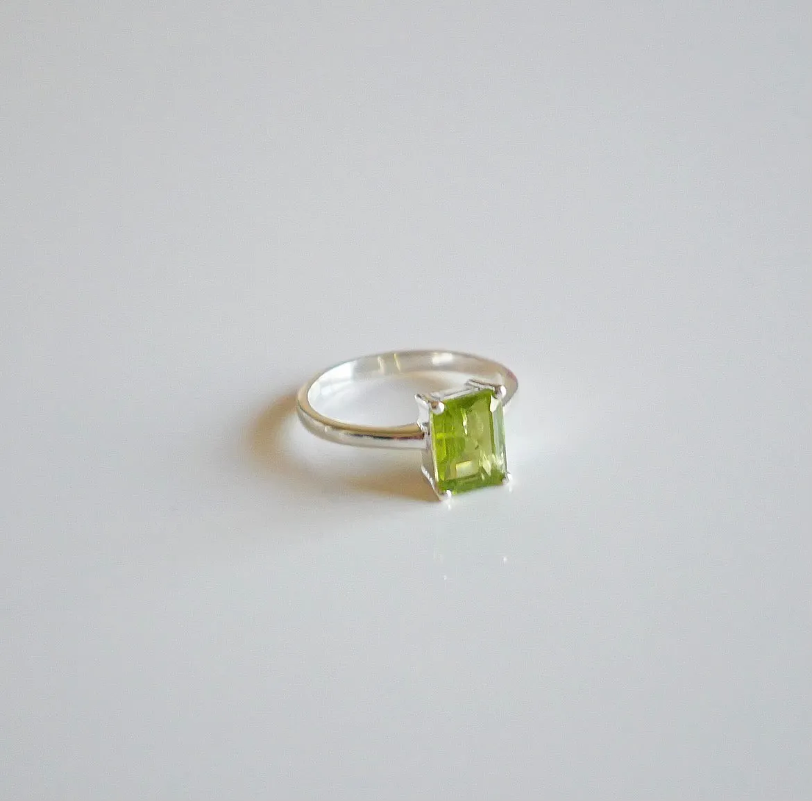 Peridot Silver Ring, 925 Sterling Silver Emerald Cut Ring, Natural Peridot Gemstone Everyday Princess Hypoallergenic Nickel Free Ring