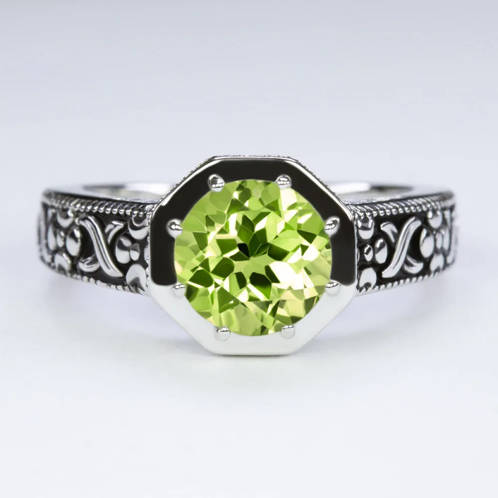 PERIDOT STERLING SILVER RING VINTAGE STYLE ROUND CUT ART DECO GREEN GEMSTONE