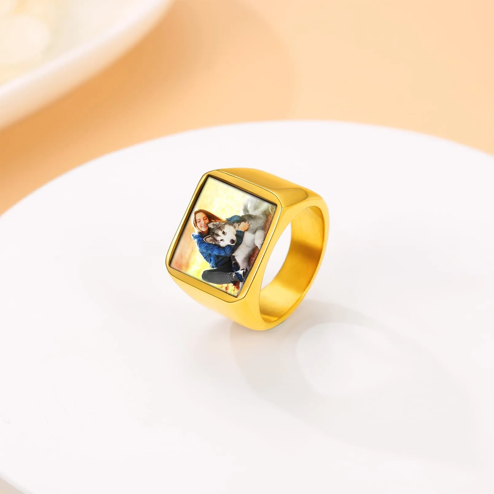 Personalized Photo Name Square Dainty Signet Ring