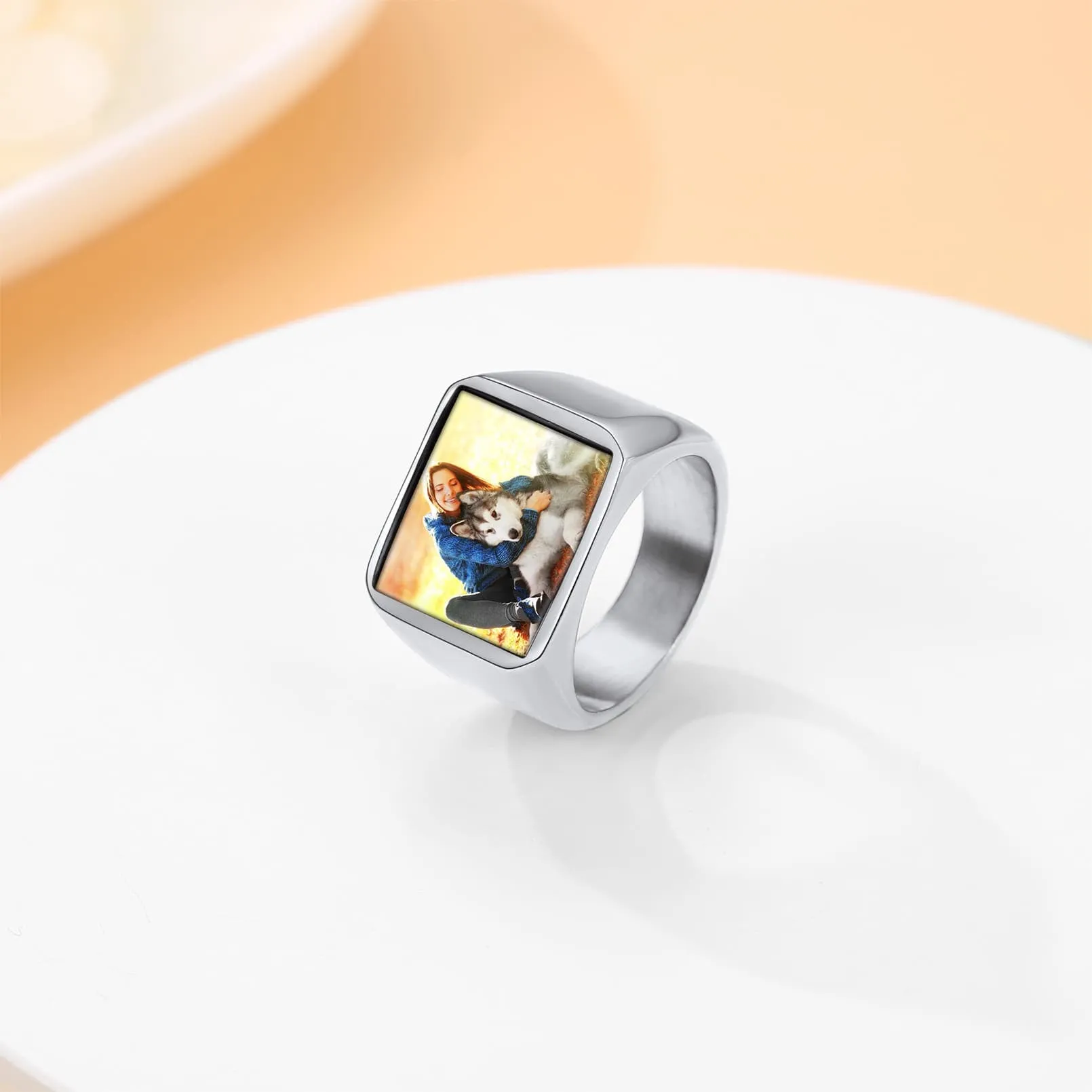 Personalized Photo Name Square Dainty Signet Ring