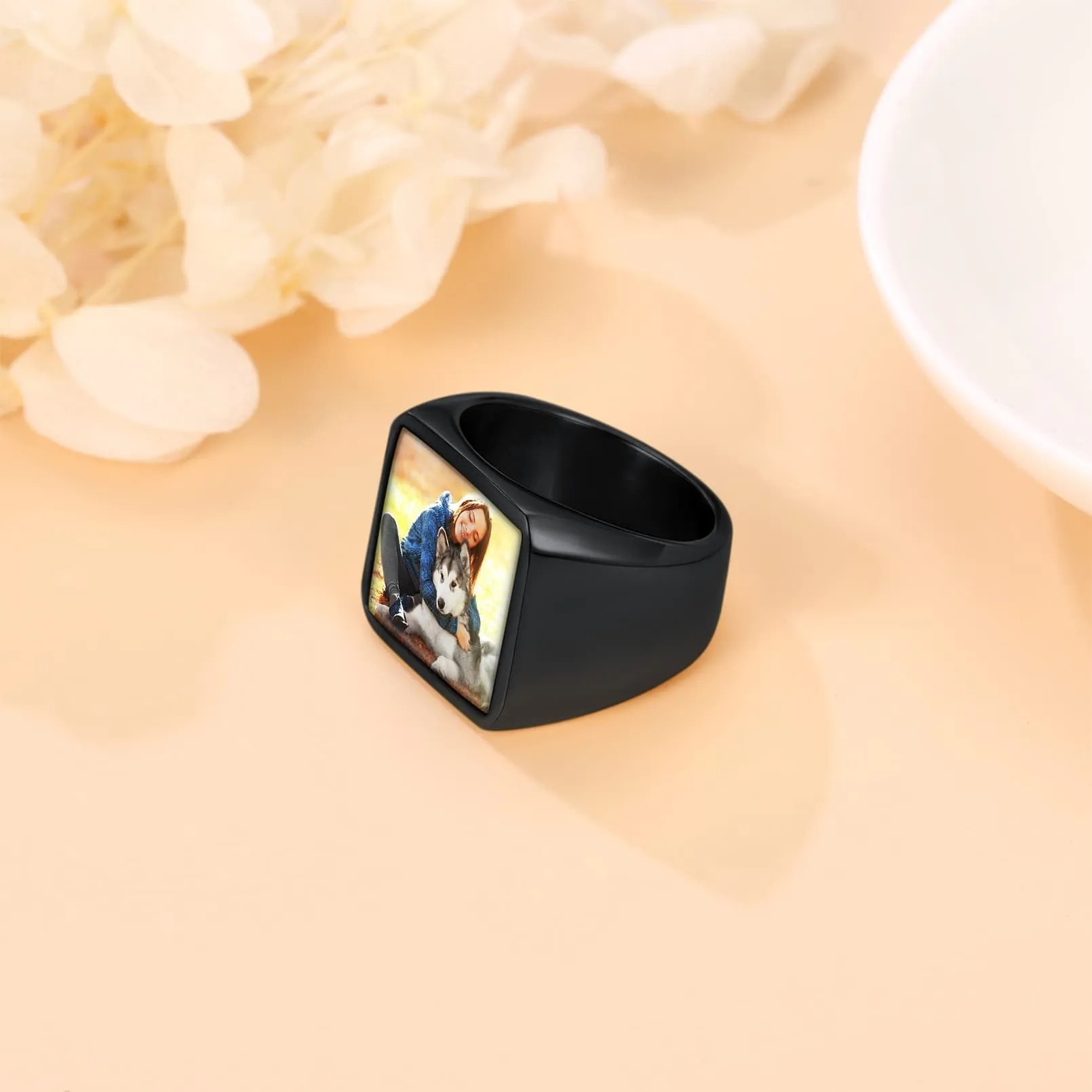 Personalized Photo Name Square Dainty Signet Ring