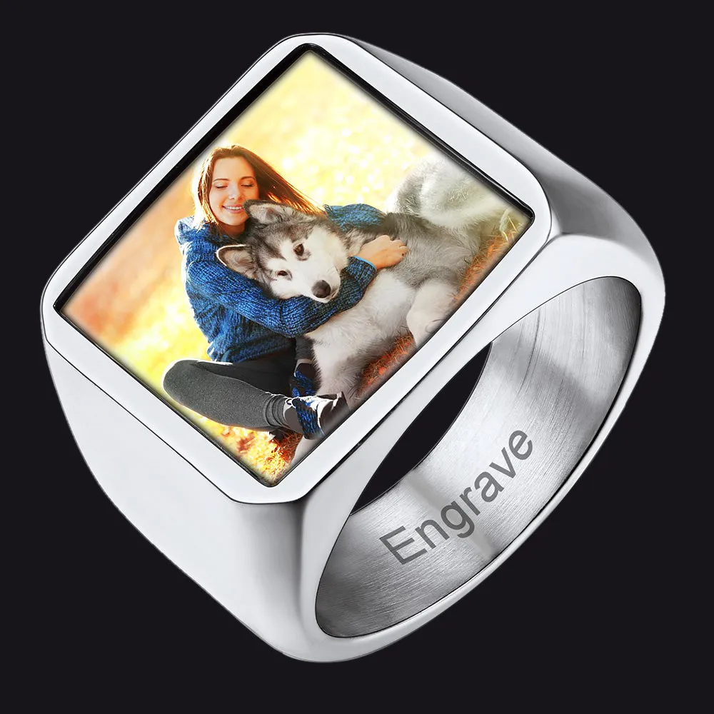 Personalized Photo Name Square Dainty Signet Ring