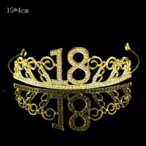 Premium 18th Birthday Metal Tiara with Diamond Cake Decoration - Gold