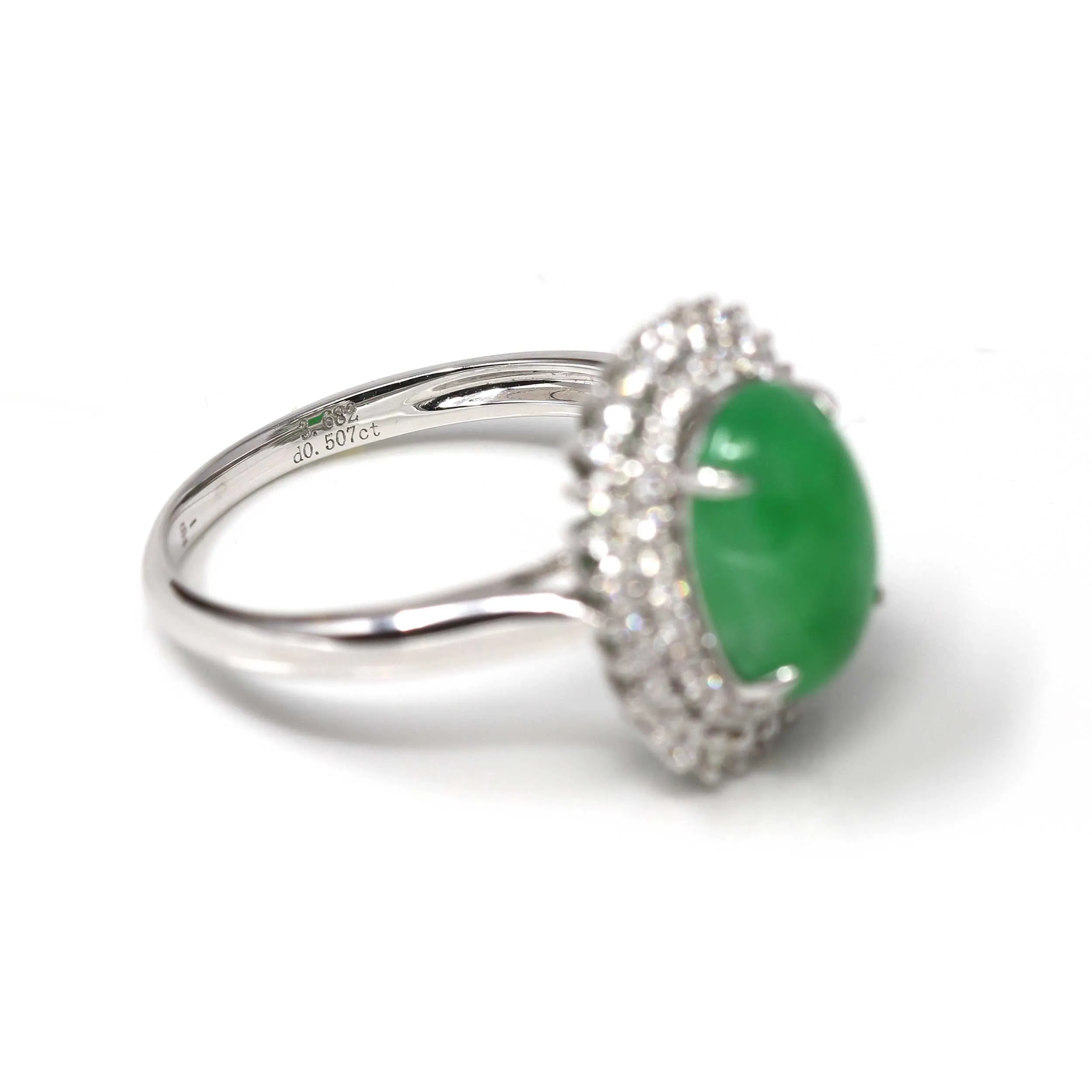 RealJade® Signature Double Halo 18k White Gold Natural Imperial Green Jadeite Jade Engagement Ring JR23