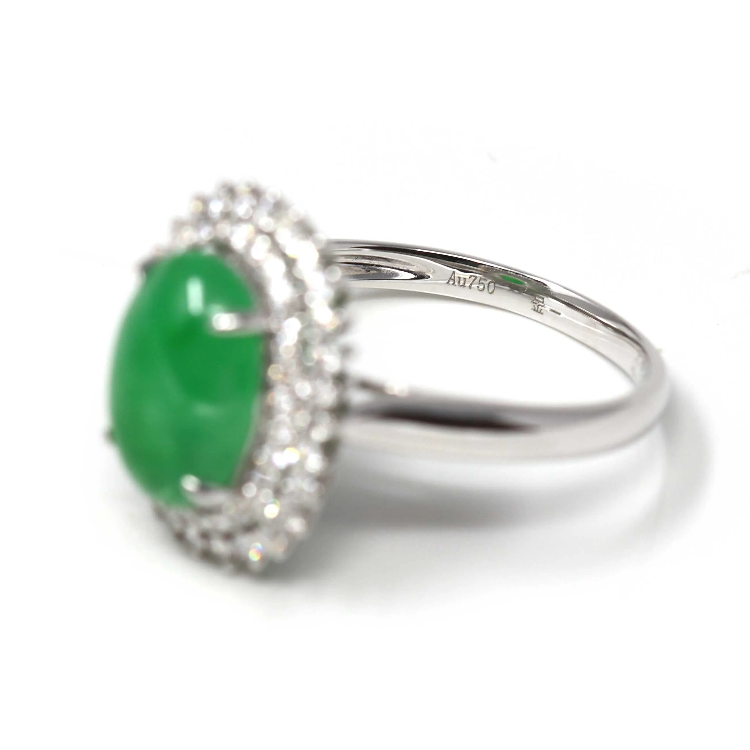 RealJade® Signature Double Halo 18k White Gold Natural Imperial Green Jadeite Jade Engagement Ring JR23