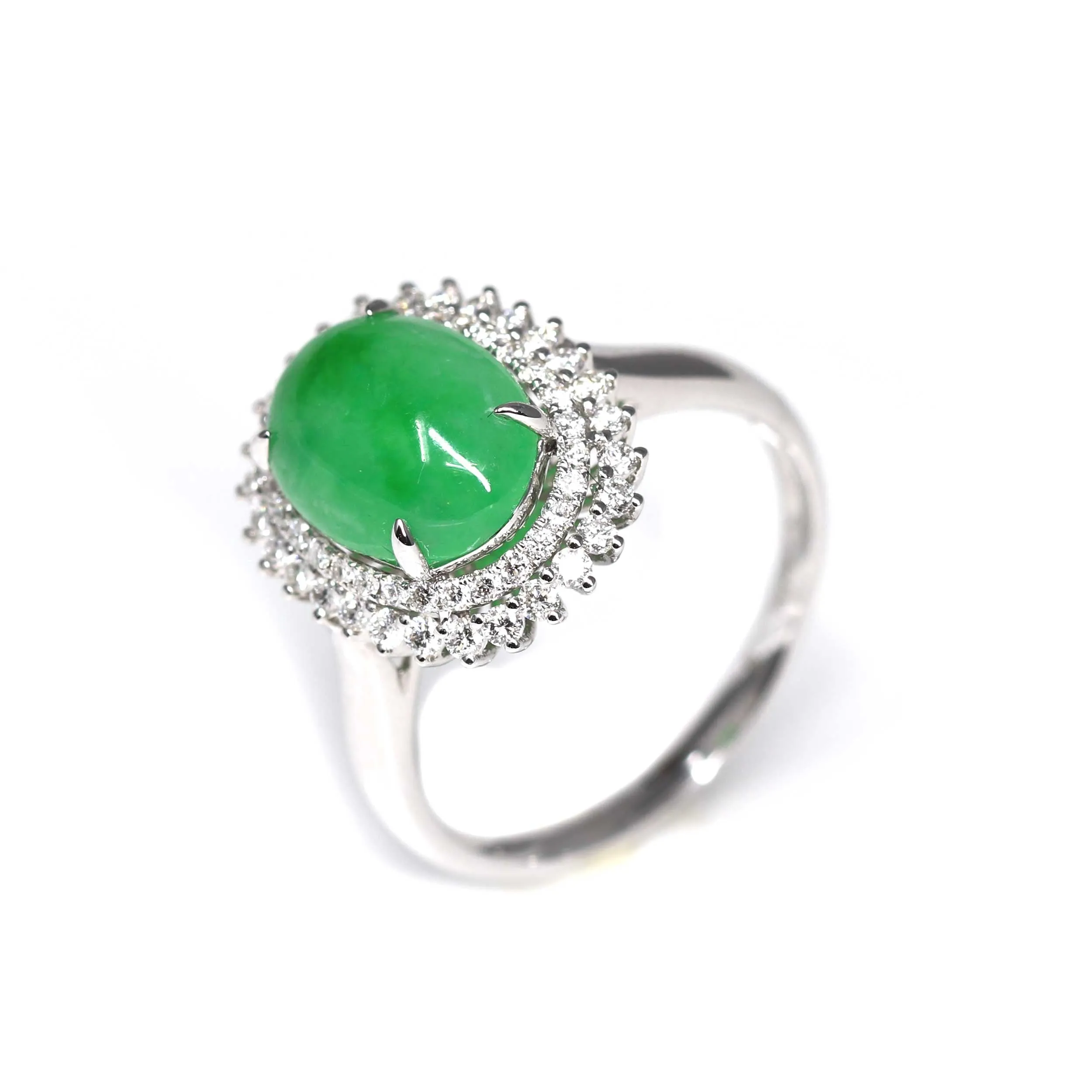 RealJade® Signature Double Halo 18k White Gold Natural Imperial Green Jadeite Jade Engagement Ring JR23