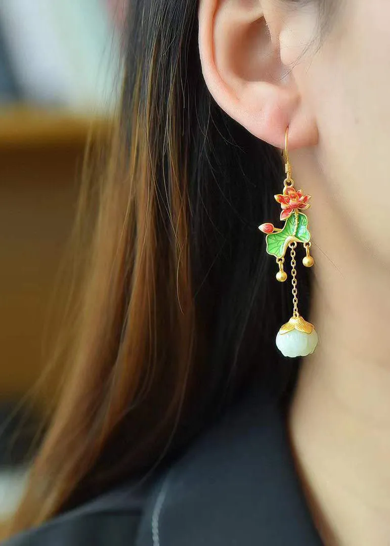 Retro Jade Tassel Lotus Metal Drop Earrings HE1030