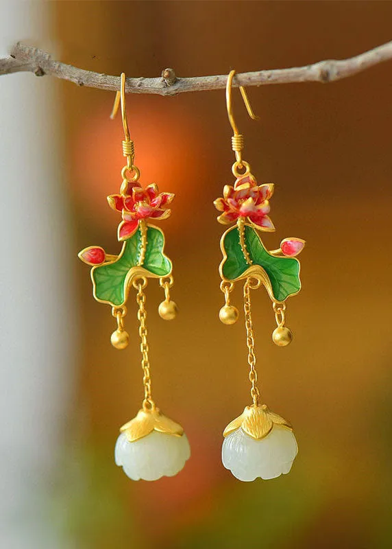 Retro Jade Tassel Lotus Metal Drop Earrings HE1030