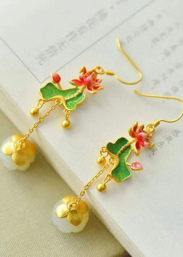 Retro Jade Tassel Lotus Metal Drop Earrings HE1030