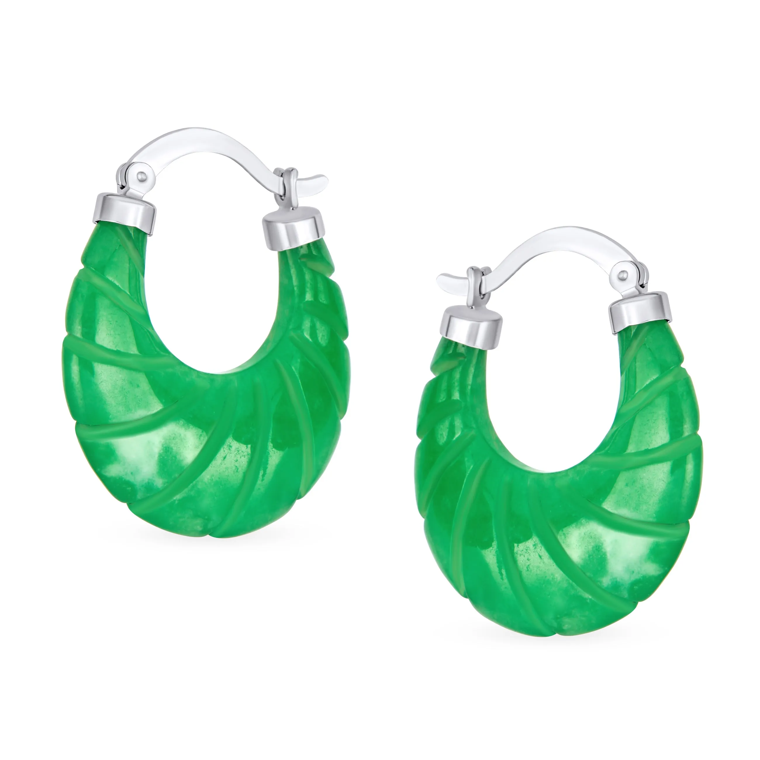 Scallop Green Jade Carved Shell Shrimp CZ Hoop Earrings Sterling Silver 1.2"