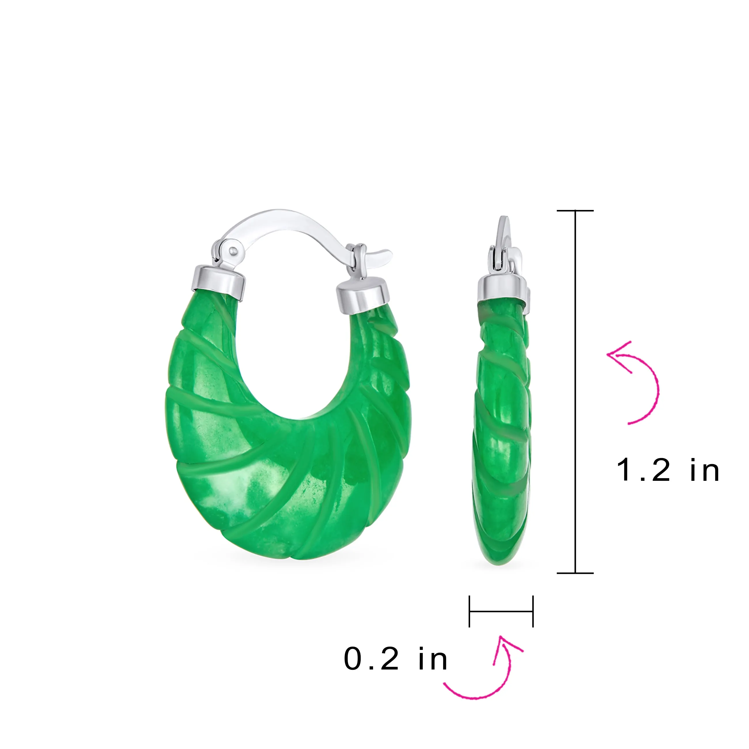 Scallop Green Jade Carved Shell Shrimp CZ Hoop Earrings Sterling Silver 1.2"