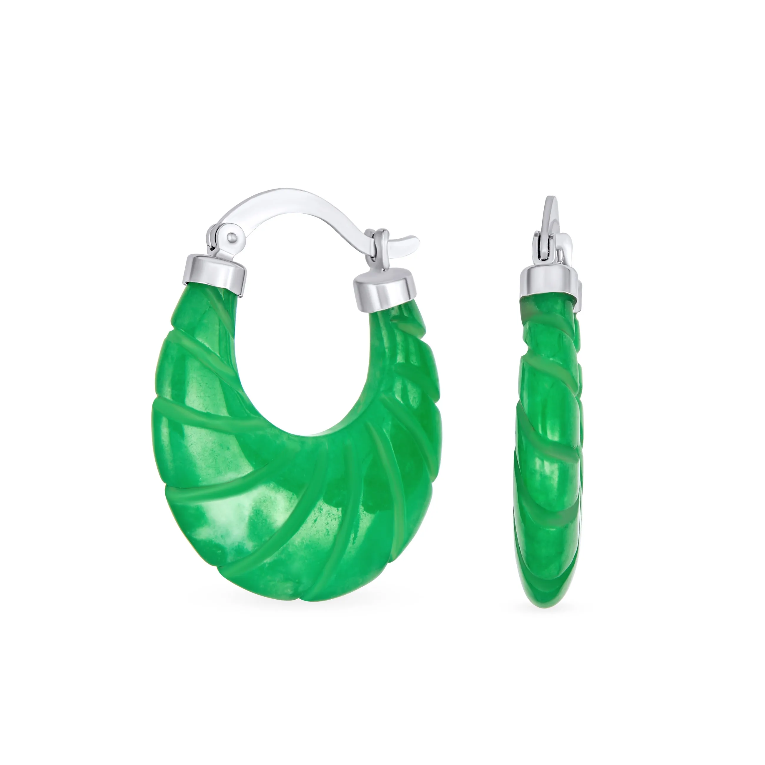 Scallop Green Jade Carved Shell Shrimp CZ Hoop Earrings Sterling Silver 1.2"