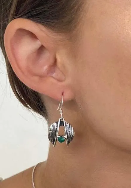 Solid Silver Green Onyx Split Dome Earrings