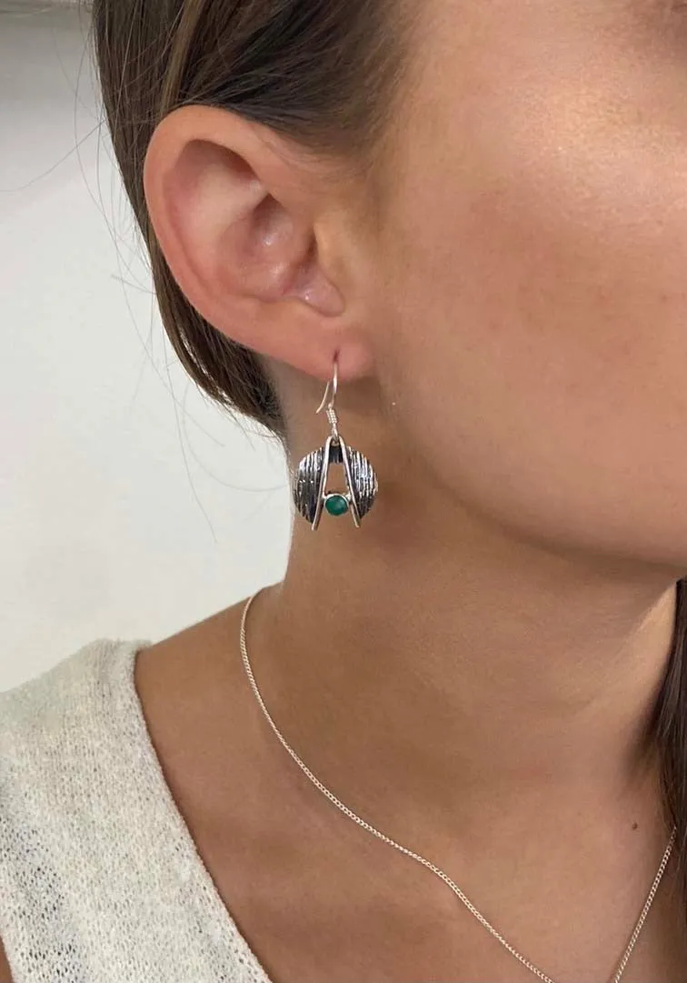 Solid Silver Green Onyx Split Dome Earrings