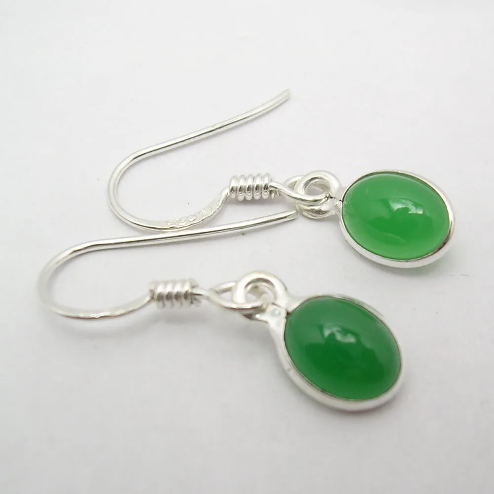 Solid Silver Oval Drop Green Onyx Earrings