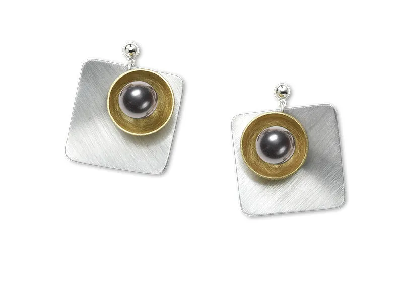 SPRAY Striking Curved Square Mixed Metal Post Earrings with Metal and Accent Bead Options from the SCULPTURAL Collection