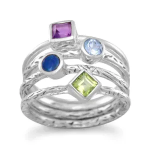 Sterling Silver Amethyst, Blue Topaz, Opal & Peridot Textured 4 Band Ring Set