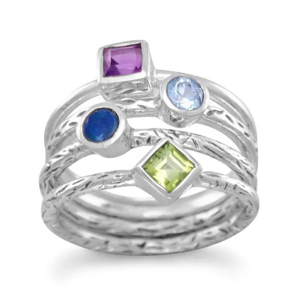 Sterling Silver Amethyst, Blue Topaz, Opal & Peridot Textured 4 Band Ring Set