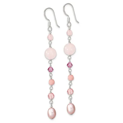 Sterling Silver Pink Pearl, Cherry Rose Quartz, Jade & Rosaline Long Dangle Earrings