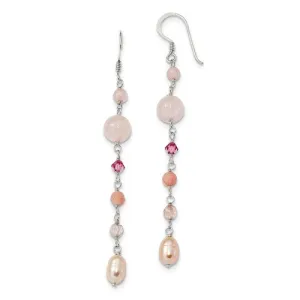 Sterling Silver Pink Pearl, Cherry Rose Quartz, Jade & Rosaline Long Dangle Earrings